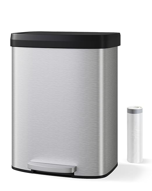 16 Gallon (60 l) Trash Can, Stainless Steel Kitchen Garbage Can, Recycling or Waste Bin with Liner Rim, Rear Handle, Soft Close Plastic Lid Step-on Pedal, Removable Inner Bucket