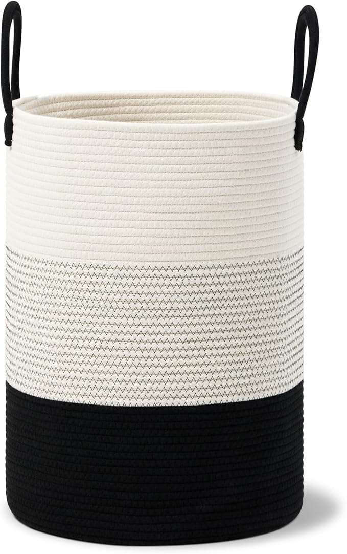 VIPOSCO Large Laundry Hamper, Tall Woven Rope Storage Basket for Blanket, Toys, Dirty Clothes in Living Room, Bathroom, Bedroom - 72L White & Black