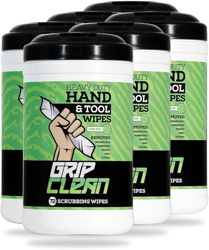 Grip Clean Heavy Duty Hand & Tool Cleaning Wipes β Waterless Hand Cleaner for Mechanics, Garage & Shop Use β Dual-Sided Grease, Oil & Paint Remover Wipes with Citrus Scent - 72ct