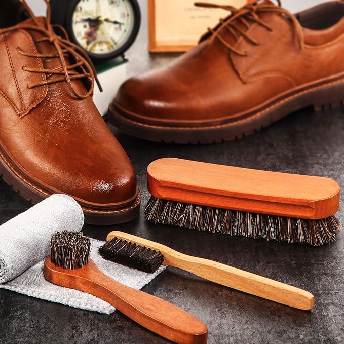 4 Pcs Horsehair Shine Shoes Brush Kit Polish Dauber Applicators Cleaning Leather Shoes Boots Care Brushes Suede Cleaner Brush with Microfiber Shoe Cloth(4 Pcs Style A)