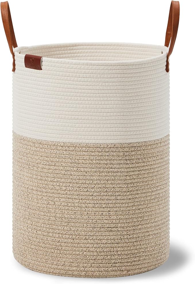 VIPOSCO Tall Laundry Basket, Large Dirty Clothes Hamper with Leather Handle, Woven Rope Storage Basket for Blanket, Toy In Living Room, Bathroom, Bedroom - 58L White & Brown