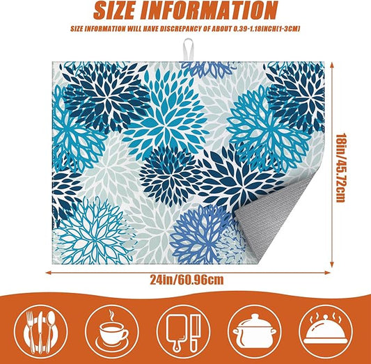 Blue Floral Dish Drying Mat for Kitchen Counter Microfiber Absorbent Dish Kitchen Drying Mat Draining Reusable Washable for Dishes/Utensils/Counterto