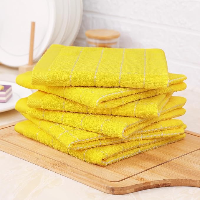 Homaxy 100% Cotton Terry Kitchen Towels(Yellow, 13 x 28 inches), Checkered Designed, Soft and Super Absorbent Dish Towels, 8 Pack