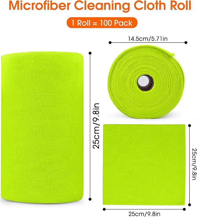 Roll of Microfiber Cleaning Cloth –100 Pack, Tear Away Microfiber Towels, Reusable, Washable, Scratch-Free, Cleaning Supplies,Kitchen Towels for Car, Home, Kitchen, Dishes(Neon Green)