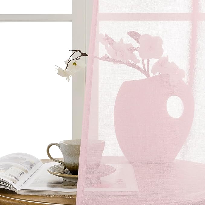 Tollpiz Sheer Door Curtain Closet Linen Textured Curtains Sheer Doorway Light Filtering Voile Patio Glass Door Rod Pocket Curtain French Door, 54 x 72 inches Long, Pink, Set of 1 Panel
