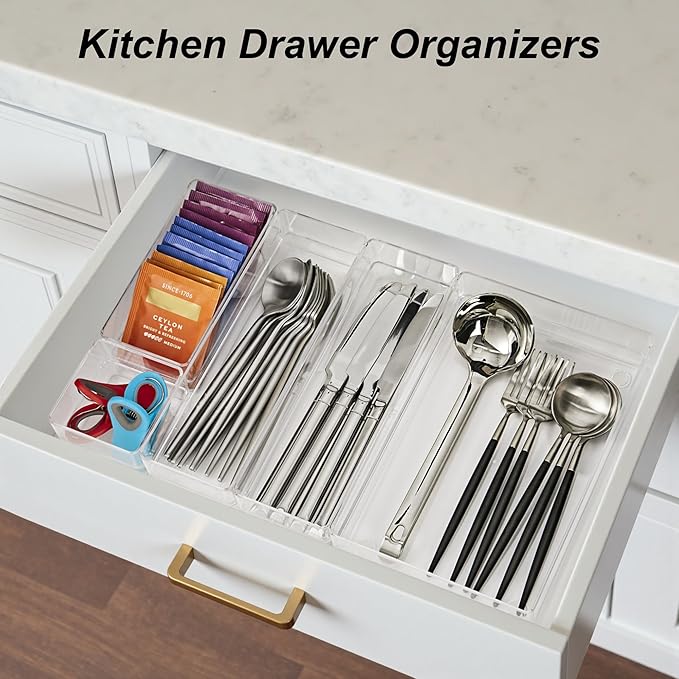 SMARTAKE 25-Piece Drawer Organizer with Non-Slip Silicone Pads, 4-Size Desk Drawer Organizer Trays Storage Tray for Makeup, Jewelries, Utensils in Bedroom Dresser, Office and Kitchen (Clear)