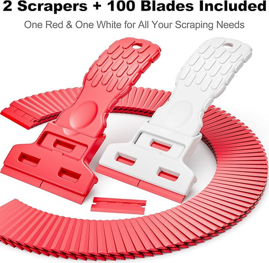 Dual-Width Plastic Razor Blade Scraper Tool Non Scratch - 2-Pack With 100 Blades, Single Or Double Wide Head, Removes Stickers, Labels, Decals, Adhesive & Paint On Glass, Cooktops, Car Windows & Tiles