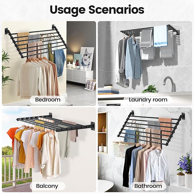 Wall Mounted Clothes Drying Rack 57 Inch – Foldable Laundry Drying Rack for Wall Mount, Space Saving Indoor Drying Rack for Clothes, Compact & Sturdy Design