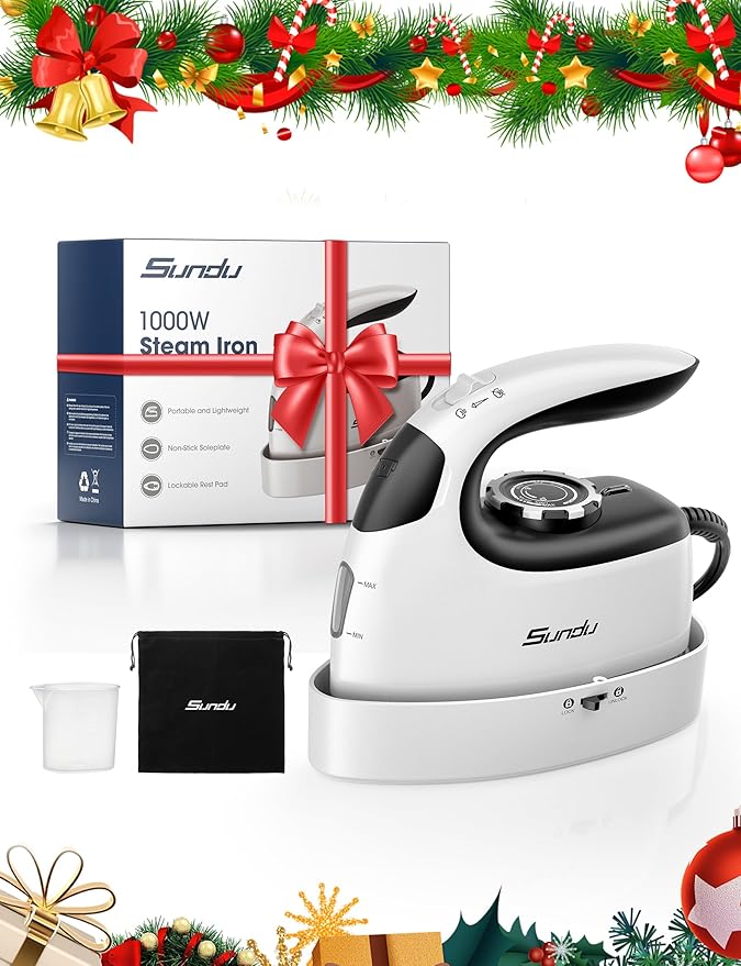 Sundu Mini Travel Iron with Steam,1000W Portable Non-Stick Soleplate Steam Small Iron for Quilting & Sewing,300 Microsteam Holes,90ml Water Tank,Lockable Safety Base,Digital Temperature Control