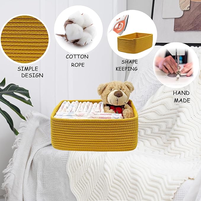 COMFY-HOMI 13" x 8.5" x 5.1" Storage Baskets for Organizing | Cotton Rope Woven Basket | Toy Storage Bin Box | Basket for Shelves, Closet Organizer Bin, Decorative Closet Shelf, 3 Pack, Yellow