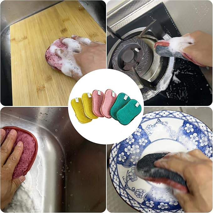 Multipurpose Sponges Kitchen,6 Pack Reusable Non-Scratch Scrub Sponge,Rough Scrubbers Side for Pots and Pans,Soft Microfiber Scrub Side for Washing Dishes