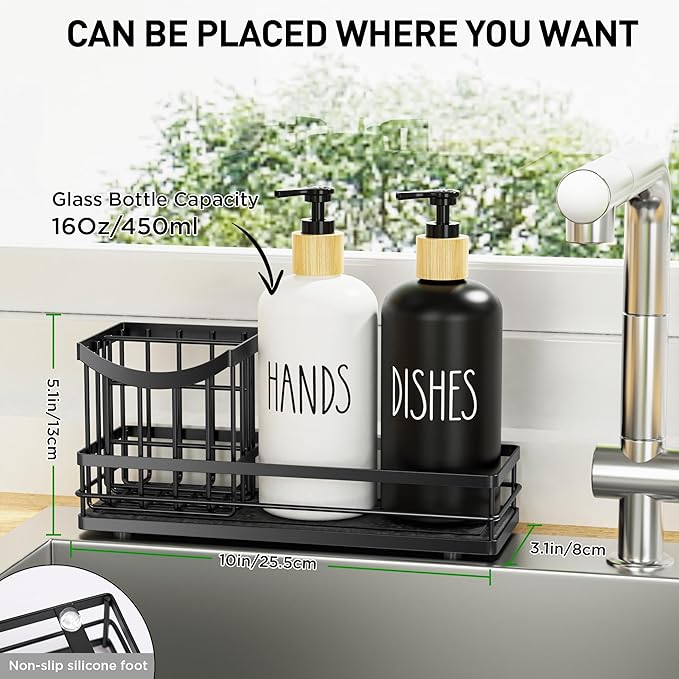 Moforoco Kitchen Dish Soap Dispenser Set, 16OZ Glass Bottle, Hand and Dish Soap Dispenser Set, Instant Dry Tray, Non-Slip Silicone Pad, Brush Holder with Sponge Holder, Kitchen Decor
