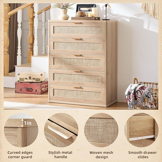 LEYAOYAO Rattan Dresser for Bedroom, 41" Tall Chest of Drawers, Modern 5 Drawers Boho Dressers with Storage, Light Oak Dresser Wooden Closet Organizer for Living Room, Hallway, Natural Wood