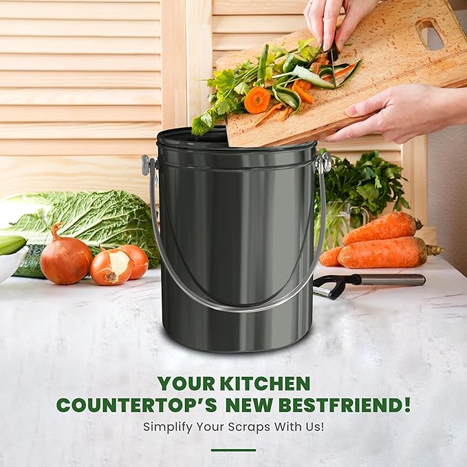 Utopia Kitchen Compost Bin for Kitchen Countertop, 1.3 Gallon Compost Bucket for Kitchen with Lid, Includes 1 Spare Charcoal Filter (Grey)