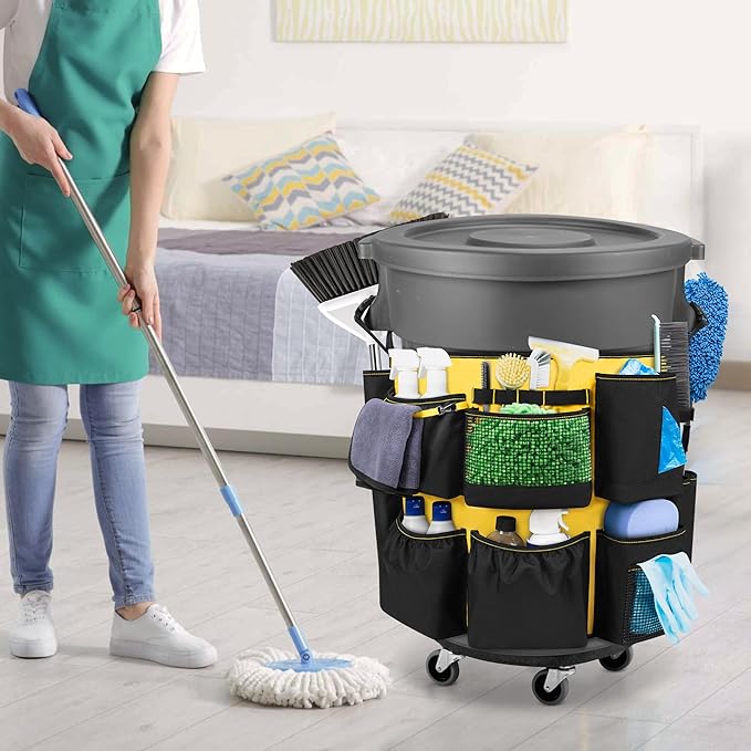 32-55 Gallon Trash Can Caddy Bag, Garbage Bin Apron Caddy with Multiple Pockets for Cleaning Supplies, Cleaning Tool Organizer with Adjustable Buckle for Janitorial Trash Can, Black+Yellow