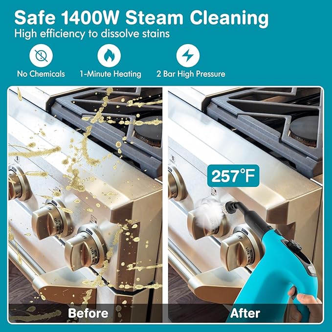 COSTWAY Handheld MultiPurpose Steam Cleaner with 17 Pieces, 350ml Large Capacity Steam Mop Continuous Fill water, Portable Chemical-Free Steamer for Home Use, Floors, Windows, 1400W, Blue