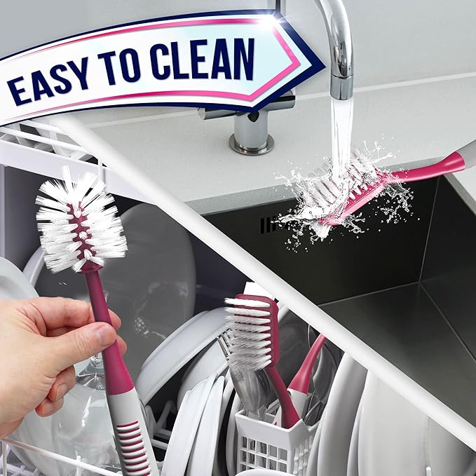 Dish Brush Set of 4 - Kitchen Scrub Brushes with Non-Slip Long Handle for Cleaning, Scrubber, Dishwashing, Dishes, Bottles, Straws, Cups, Pots & Sink, Red
