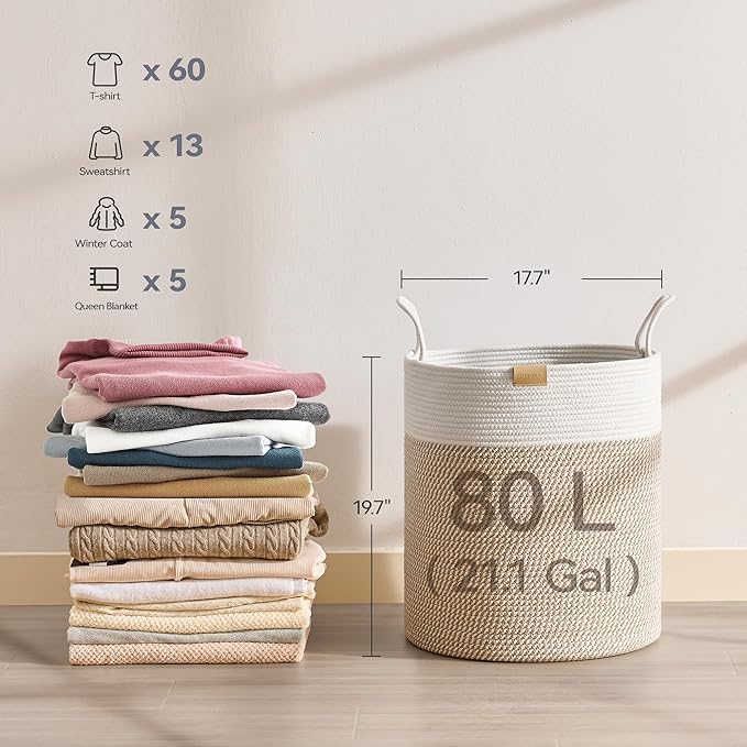 80L Laundry Hamper Basket,Baby Nursery Woven Storage Basket for Toys Bin,Pillows,Blankets,Clothes,Brown&White