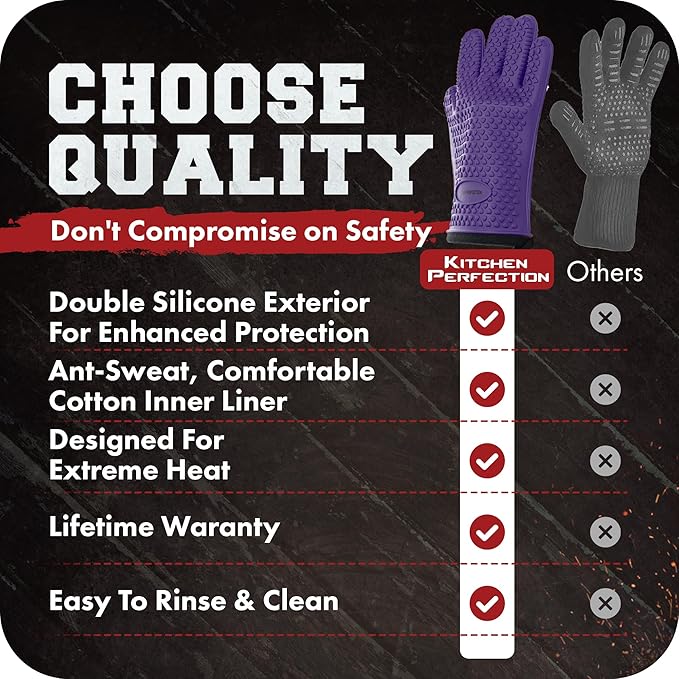 KITCHEN PERFECTION XL Silicone Smoker Oven Gloves -Extreme Heat Resistant BBQ Gloves -Handle Hot Food Right on Your Grill Fryer & Pit | Waterproof Oven Mitts Grill Gloves |Superior Value Set+3 Bonuses