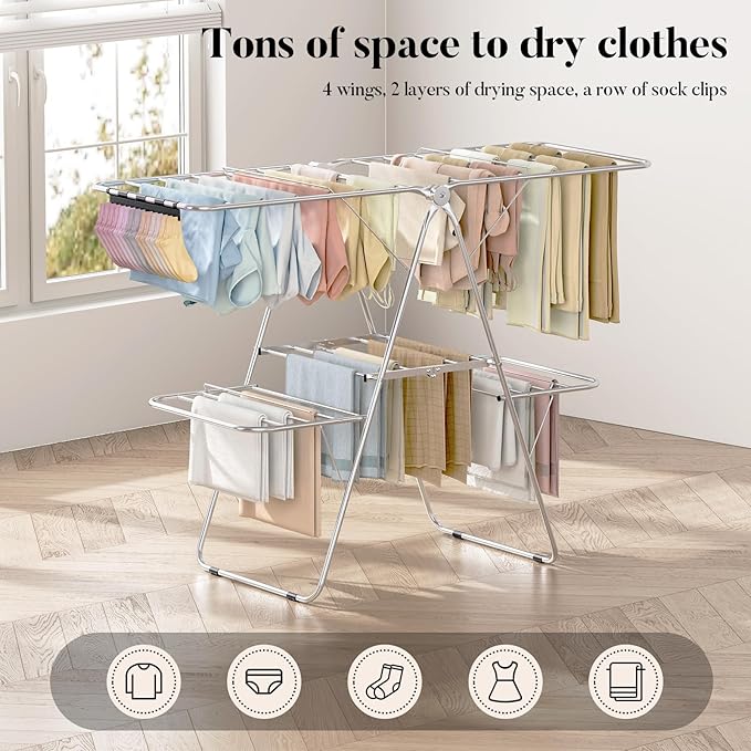 APEXCHASER Clothes Drying Rack with 4 Wings, Stainless Steel Drying Rack Clothing with Sock Clips, Metal Connectors, Height-Adjustable, Foldable Laundry Drying Rack, Indoor Outdoor Use, No Assembly
