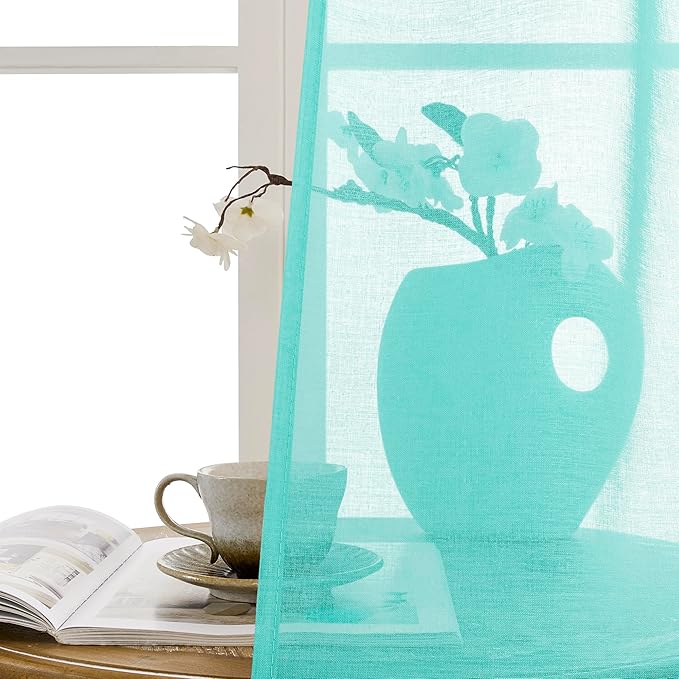 Tollpiz Sheer Door Curtains Closet Linen Textured Curtain Sheers Doorway Light Filtering Voile Patio Door Rod Pocket Curtains French Door, 54 x 80 inches Long, Aqua Blue, Set of 1 Panel