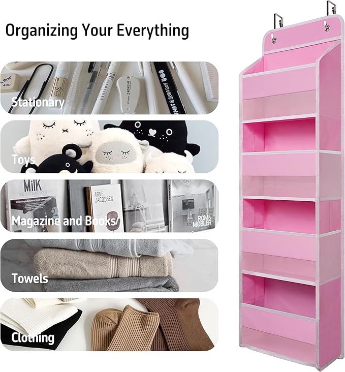Over The Door Hanging Organizer with 4 Large Pockets – Closet, Bathroom, Nursery, Bedroom, Dorm Storage for Toys, Cosmetics, and Baby Essentials, Pink