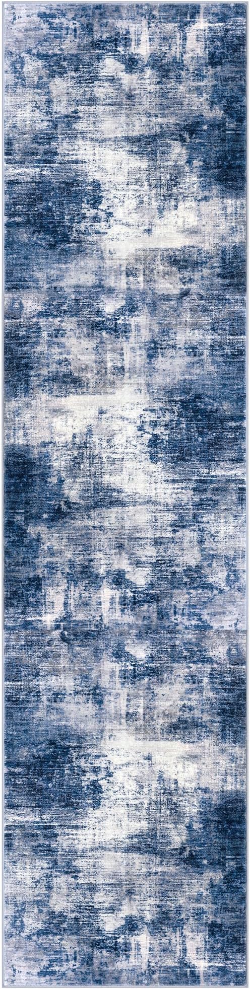 IOHOUZE Abstract Runner Rug 3x12 Ft Washable Runners for Hallways, Non Slip Kitchen Runner Printed Faux Wool Entryway Runner Indoor, Modern Abstract Floor Carpet for Hall Kitchen, Navy/Grey