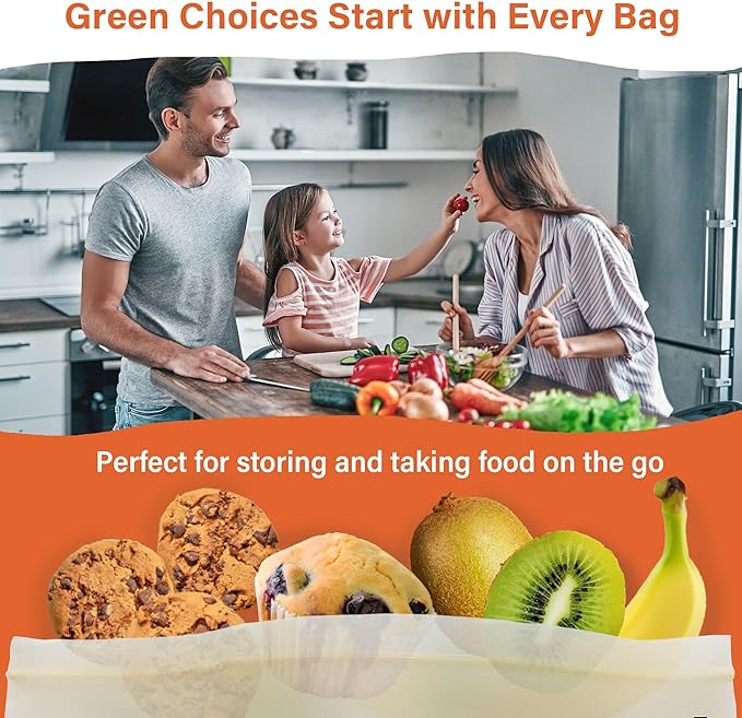 Compostable Food Storage Bags, Resealable Quart Bags, 30 Count, 7 x 7.4 inches, Extra Thick and Reusable, Eco-Friendly, Certified US BPI ASTM D6400 Europe OK Compost