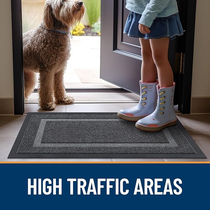 OLANLY Front Door Mat Indoor Outdoor Entrance, Waterproof All-Season, All-Weather Doormat, Sturdy Natural Rubber, Fade Resistant, Low Profile, Easy Clean Patio Porch Entryway Mat, 59x20, Grey