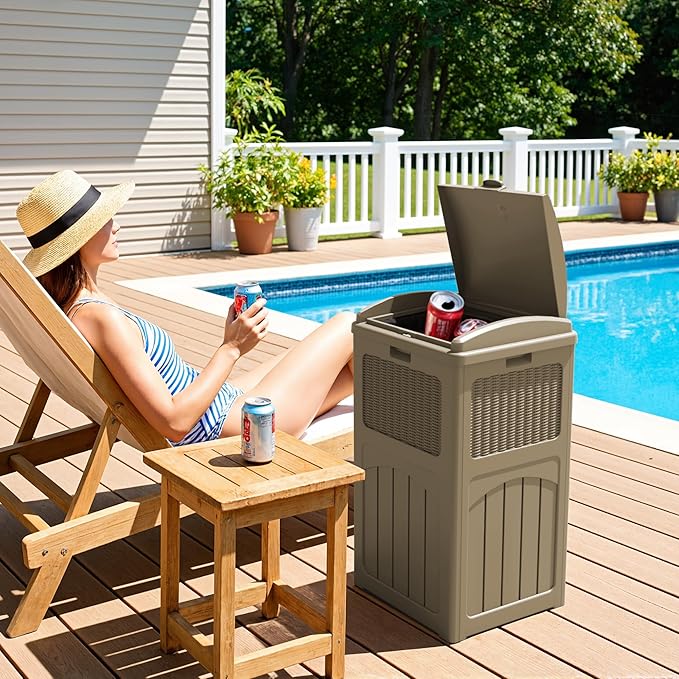 Greesum 33 Gallon Resin Outdoor Trash Can with Lid, Waterproof Resin Garbage Bin for Hideaway, Patio, Deck, 4 Pack, Light Brown
