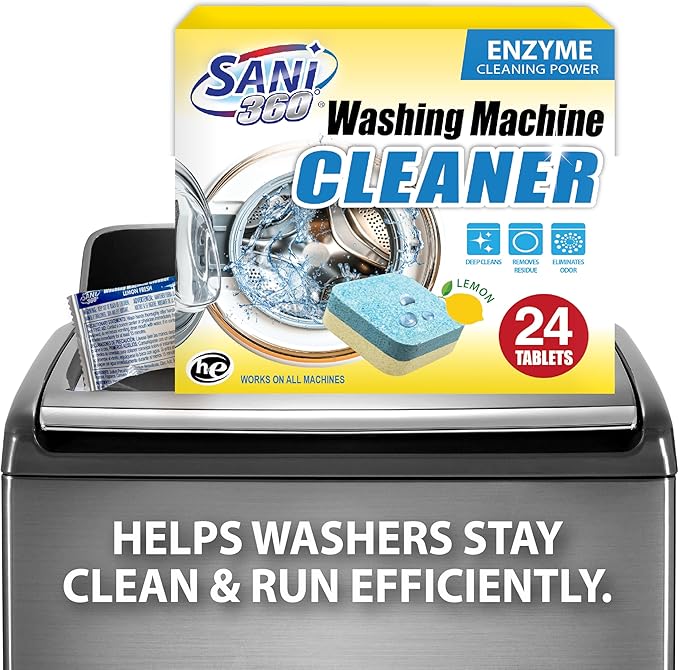 SANI 360° Washing Machine Cleaning tablets, 24 pack is Formulated with Enzyme, Deep Cleans and Deodorizes Front and Top Loading Washers use up to 2-year supply Lemon Scent
