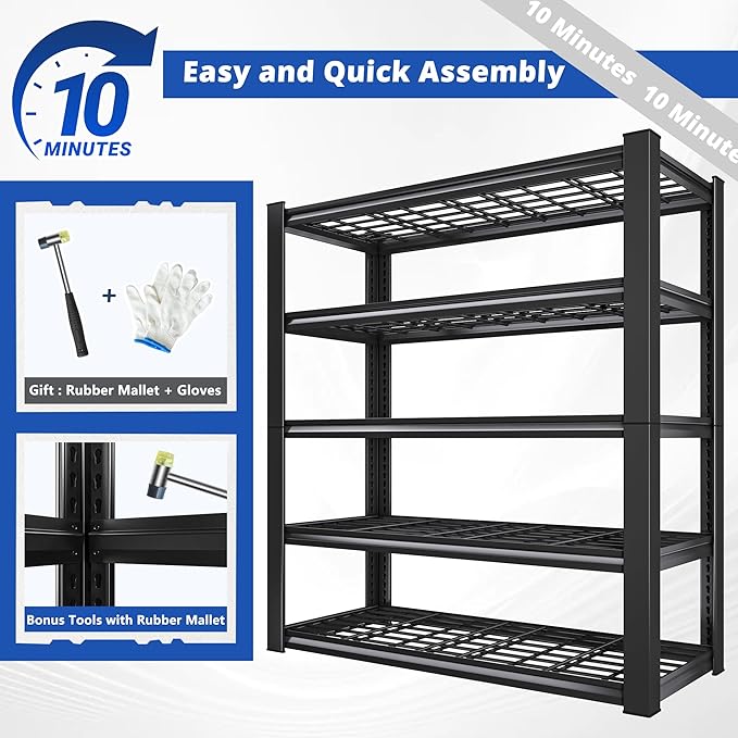 REIBII 3010LBS Storage Shelves 72" H Garage Shelving Heavy Duty Metal Shelving 5 Tier Adjustable Metal Shelves for Storage for Kitchen Pantry Warehouse Basement 72" H x 35.5" W x 16" D, 2 Pack