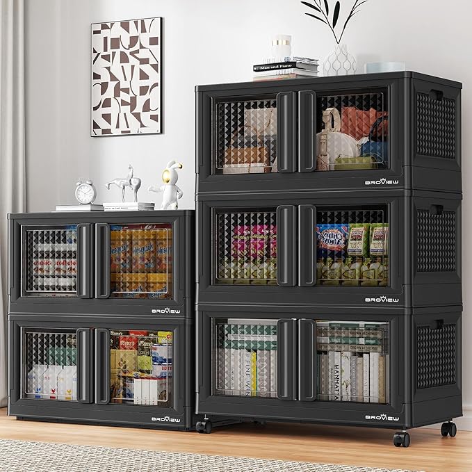 BROVIEW 500Qt Stackable Storage Bins with Lids, 125Gal Closet Organizers and Storage Drawer, Plastic Collapsible Storage Bins with Doors, Heavy Duty Store Box Cabinet for Home Kitchen, 5Pack Black