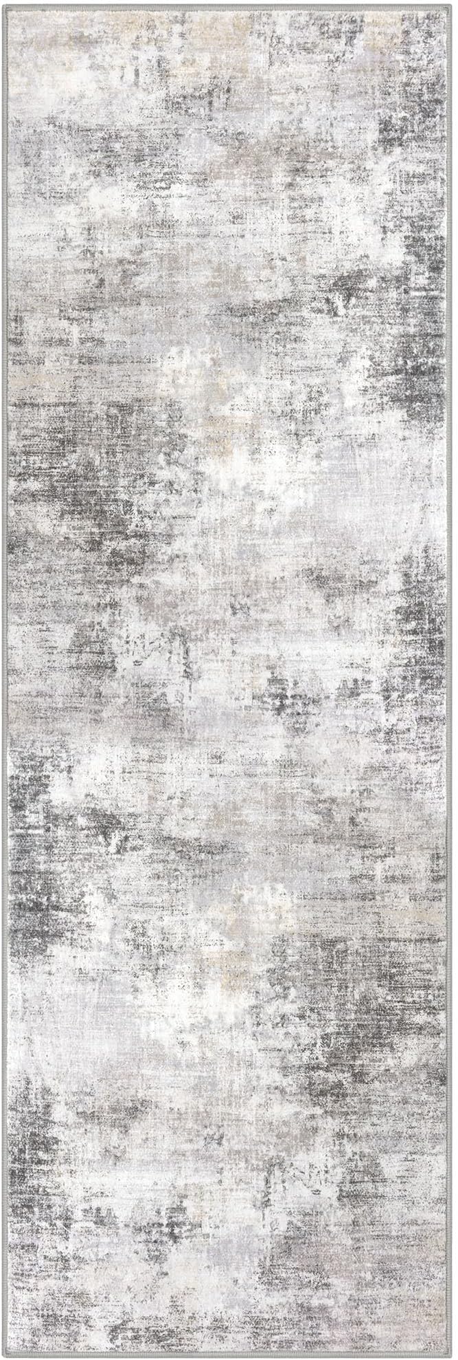 IOHOUZE Abstract Runner Rug 3x8 Ft Washable Runners for Hallways, Non Slip Kitchen Runner Printed Faux Wool Entryway Runner Indoor, Modern Abstract Floor Carpet for Hall Bedroom, Grey Beige