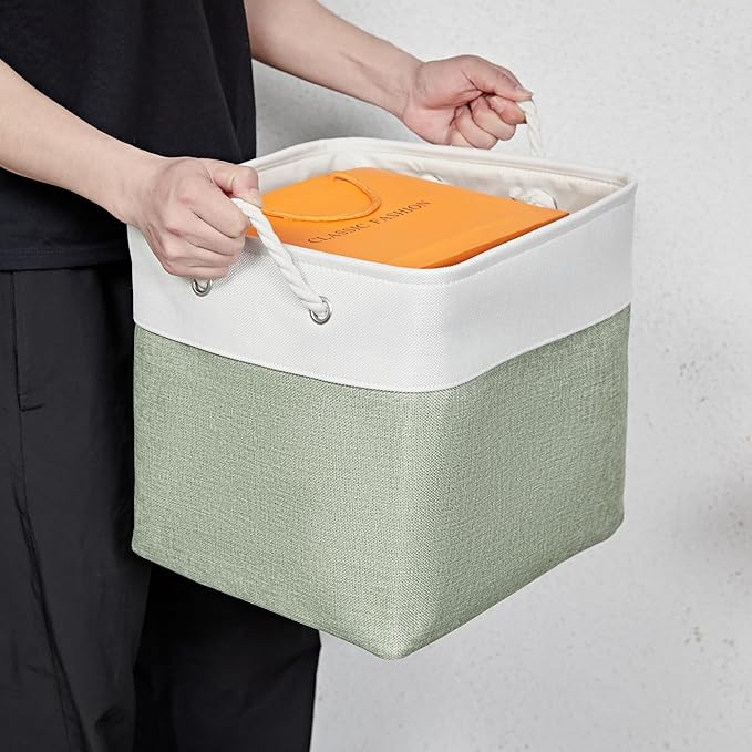 13 x 13 Inch Extra Large Storage Cubes,6 Pack Cube Storage Bins for Shelves,Fabric Collapsible Storage Bins with Handles, Foldable Storage Basket for Organizing Clothes, Toys (White&Green)