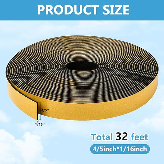 Black Weather Stripping Door Seal Strip (3/5 Inch X 1/16 Inch X 32Feet), Strong Adhesive, Lightproof, Soundproof, Weatherproof Foam Tape Insulation for Sliding Door, Front Door Frame, Windows