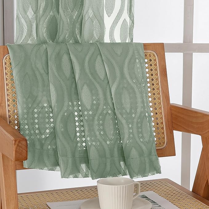 Aiyufeng Sheer Curtains 63 Inch Length 2 Panels Set, Solid Green Airy Light Filtering Voile Curtains Window Treatments for Bedroom Living Room, Modern Wavy Line Textured Curtains, 40" WX63 L Inches