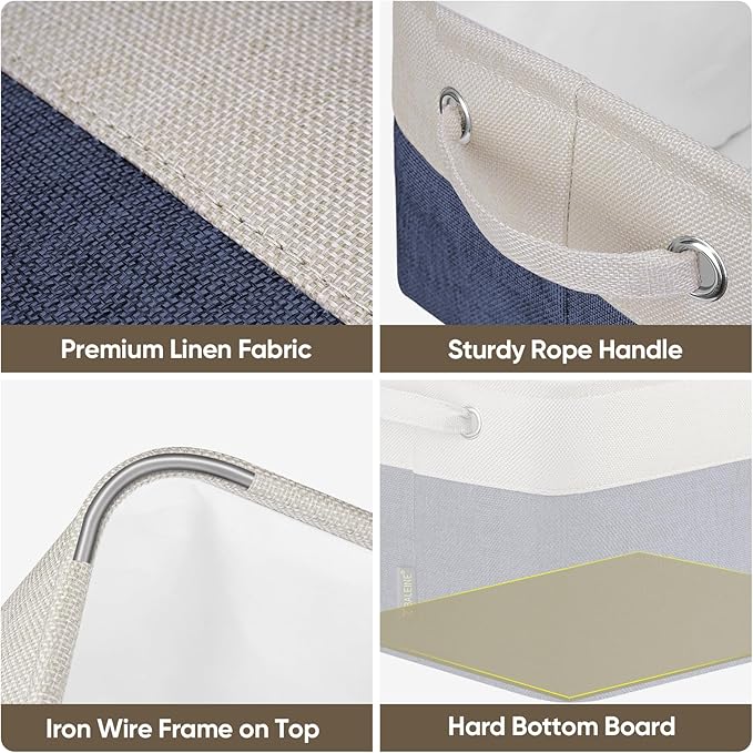 BALEINE 4 Pack Fabric Storage Bins for Shelves, Linen Storage Baskets for Organizing, Decorative Closet Bins for Clothes, Home (Navy Blue, 15"x11"x9.5")