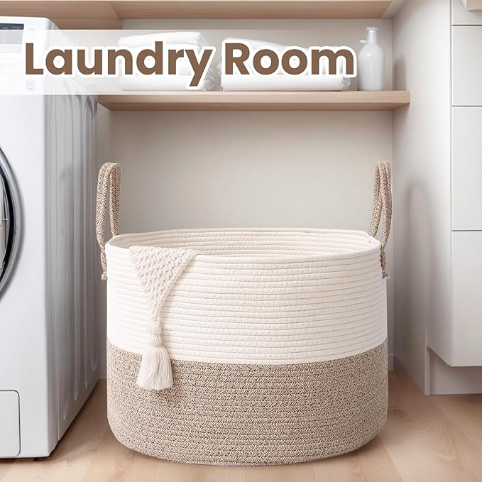 Woven Blanket Basket,115L Large Rope Storage Bin with Handles, Organizer for Blankets Toys Book and Clothes, Laundry Basket for Living Room Bedroom Nursery,White&Brown