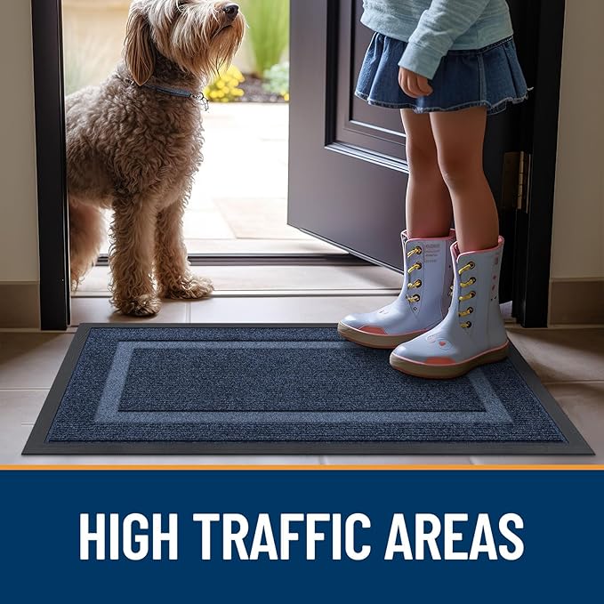 OLANLY Front Door Mat Indoor Outdoor Entrance, Waterproof All-Season, All-Weather Doormat, Sturdy Natural Rubber, Fade Resistant, Low Profile, Easy Clean Patio Porch Entryway Mat, 47x17, Blue