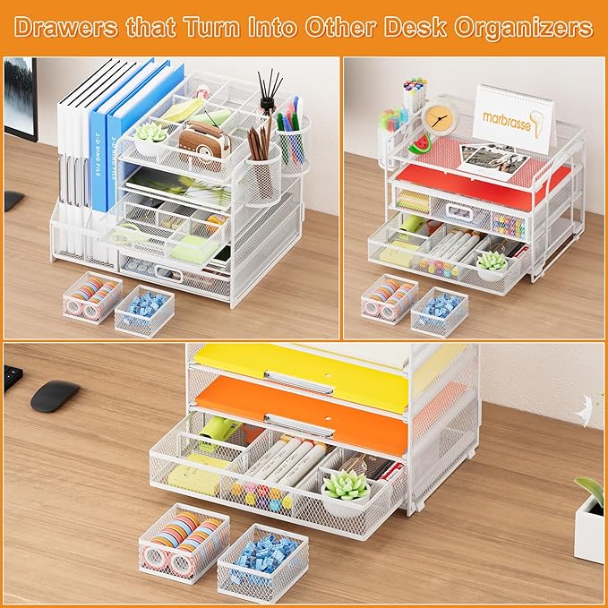 Marbrasse 3 Packs White Desk Drawer Organizers,Drawer Organizer Tray with 9 Adjustable Compartments,Junk Drawer for Makeup & Vanity, Office Desk Supplies and Accessories(White)