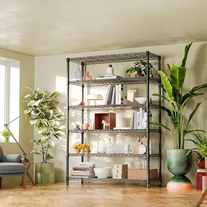 IZEUK 6-Tier Heavy Duty Metal Wire Shelving Unit, Adjustable Storage Rack Organizer for Garage, Kitchen, Office, Basement, Warehouse (Black, 17.7" D x 47.2" W x 82.7" H)