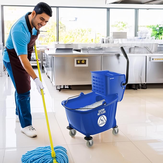 Dryser Commercial Side Press Wringer Combo Mop Bucket, 33 Quart, Blue