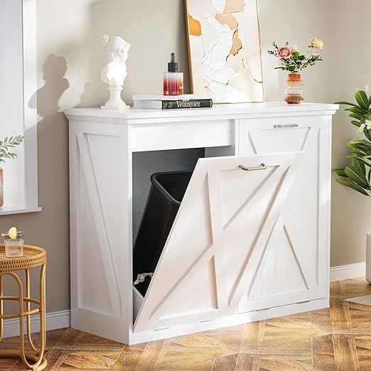 Betterhood Tilt Out Trash Can Cabinet, Hidden Trash Bin with Deodorizing & Negative Ion System, Pet-Proof Kitchen Waste Cabinet for Kitchen, Dining Room, Living Room (White, 2 * 10 Gallons)