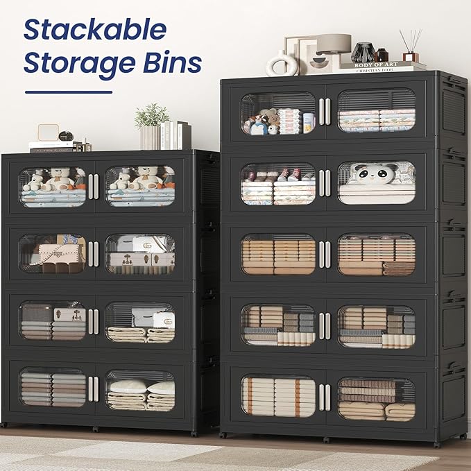 250GAL Extra Large Storage Bins with Lid, 1000QT Storage Bins with Wheels, Folding Closet Organizer, Stackable Collapsible Plastic Storage Containers for Home, Office, Dorm, 5Pack Black