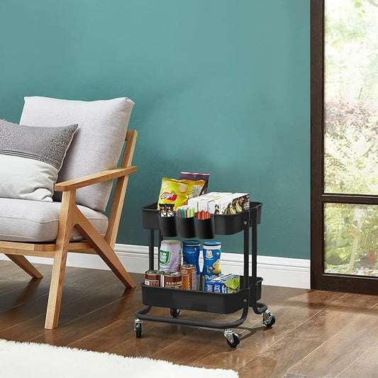 Melody House 2-Tier Utility Rolling Cart Storage Sofa Side Table with Wheels, Mobile Trolley Organizer with for Office Home Kitchen Organization, Black