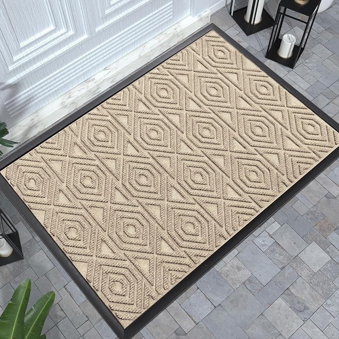 Yimobra Door Mat, Outdoor Indoor Entrance Welcome Mat, Heavy Entry Front Door Mat, Stain & Fade Resistant, Low Profile, Sturdy Rubber, Easy Clean Patio Floor Mat, Waterproof, 36 x 24, Light Beige