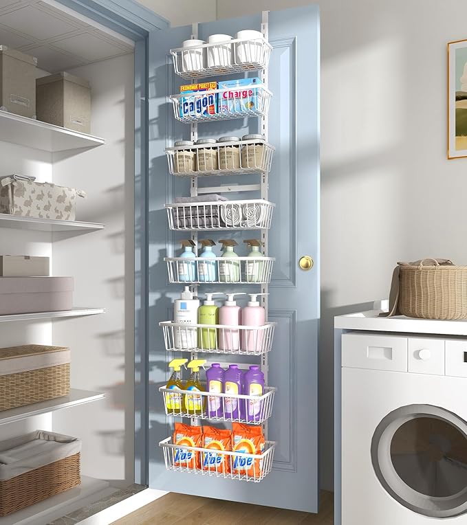 White 12 Inch Wide Narrow Over The Door Pantry Organizer, Pantry Organization and Storage, 8-Tier Metal Hanging Deep Basket Wall Spice Rack Seasoning Shelves, Home & Kitchen Essentials