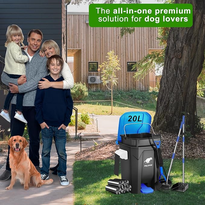 Dog Poop Trash Can Outside with Pooper Scooper and Metal Rake & Tray, 20L/5Gal Dog Waste Trash Can with Lid, Pedal and Removable Inner Waste Bin, Pet Poop Bin with 100 Bags, Blue