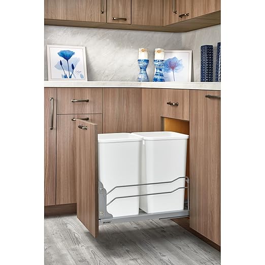 Rev-A-Shelf Double Pullout Trash Can for Base Kitchen Cabinets 27 Quart 12.5 Gallon with Soft-Close Slides, Champagne, 53WC-1527SCDM-212